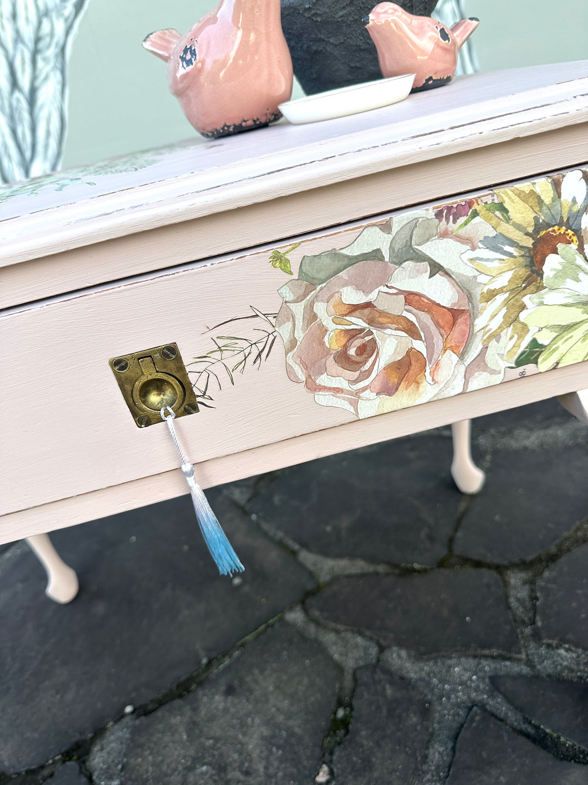 Soft Pink Floral table with handy drawer