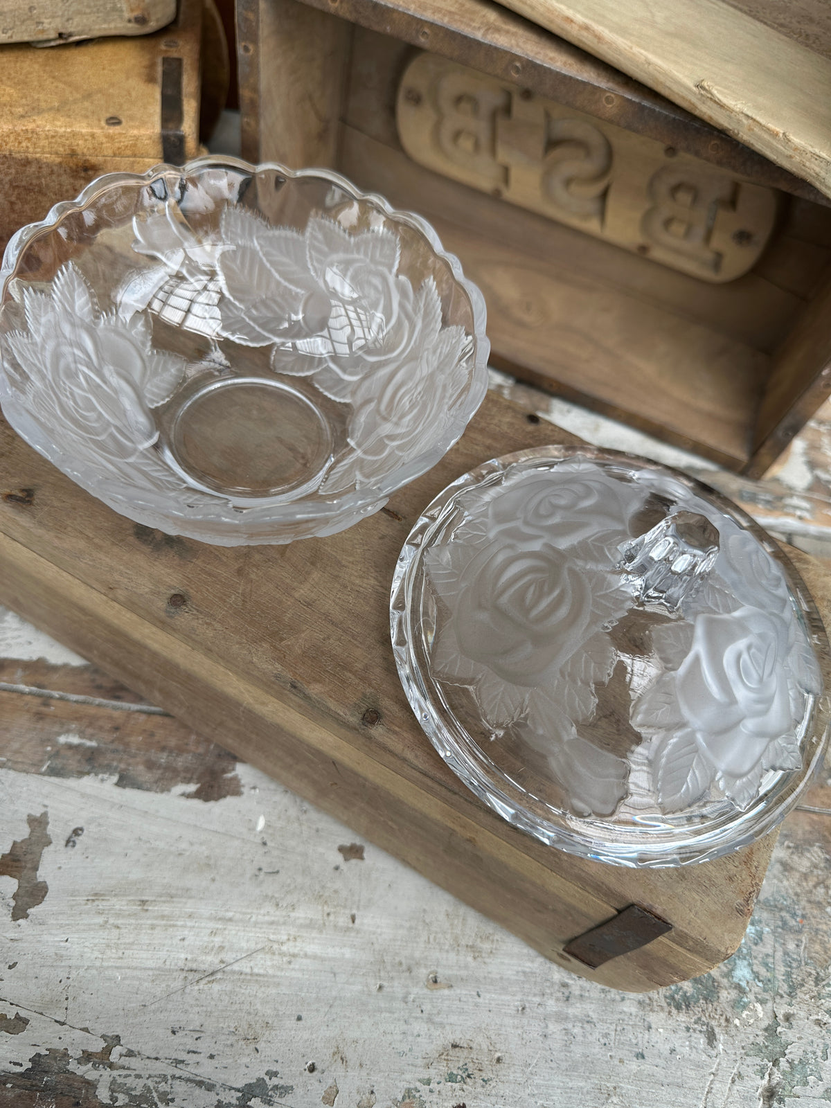 Glass lidded rose dish