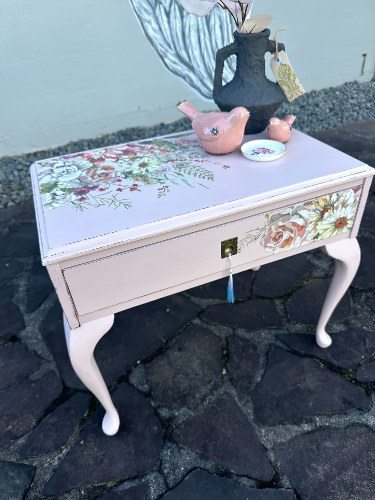 Soft Pink Floral table with handy drawer