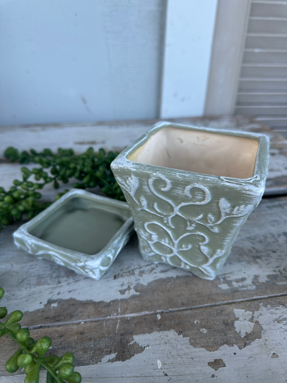 Rubbed Sage & White painted planter with saucer