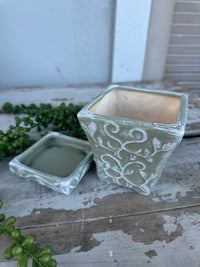 Rubbed Sage & White painted planter with saucer