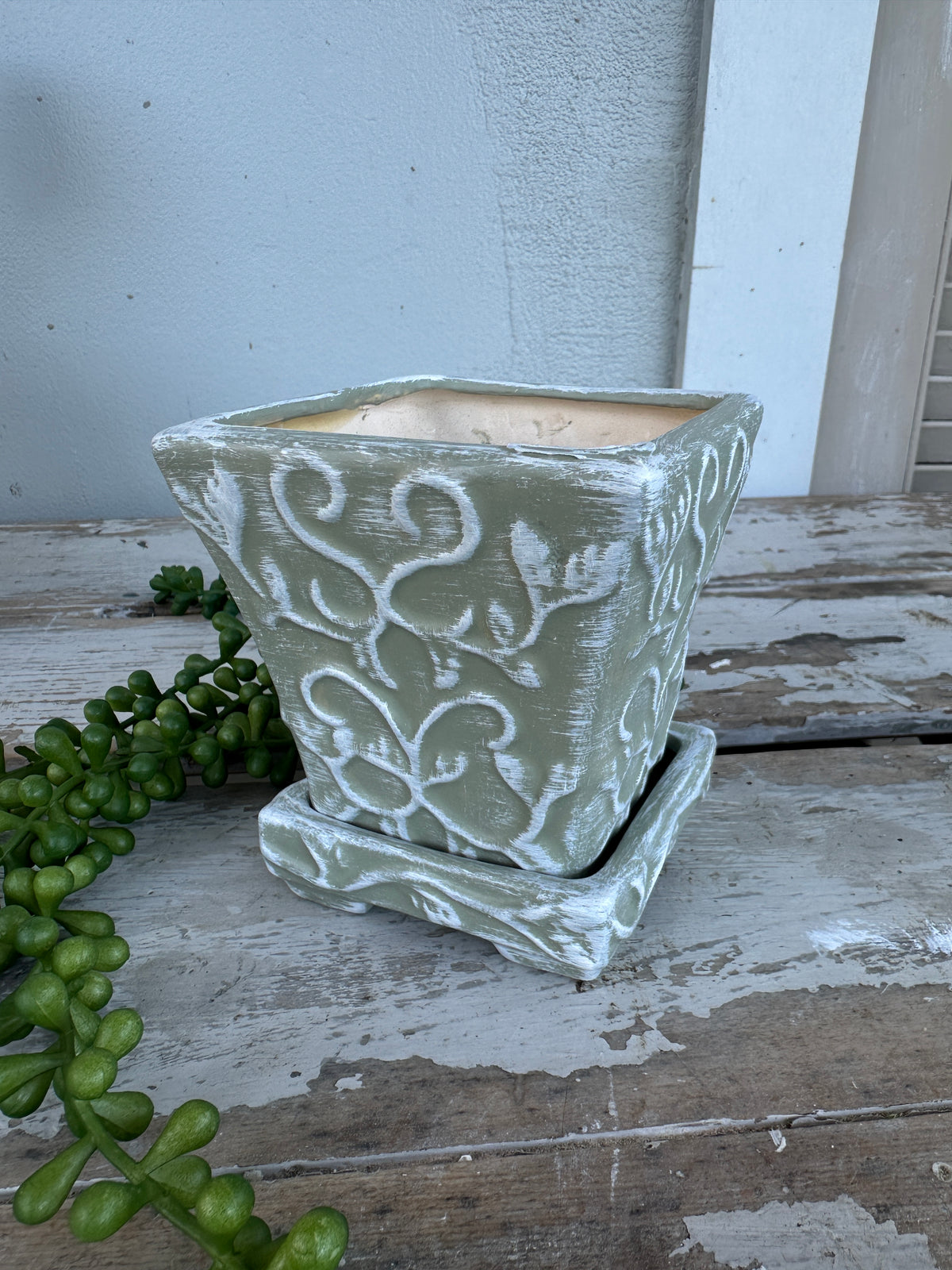 Rubbed Sage & White painted planter with saucer