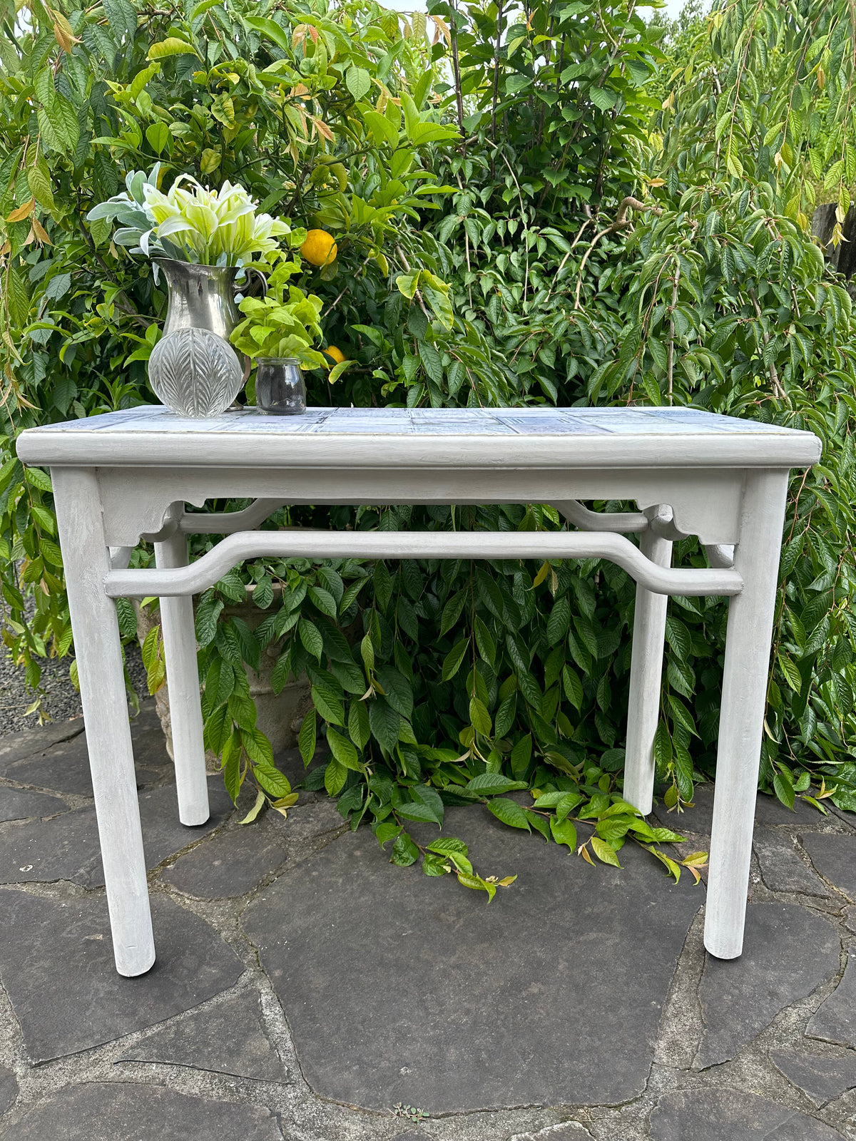 Chunky hall table in white rustic paintwork with tile decoupage top N Z