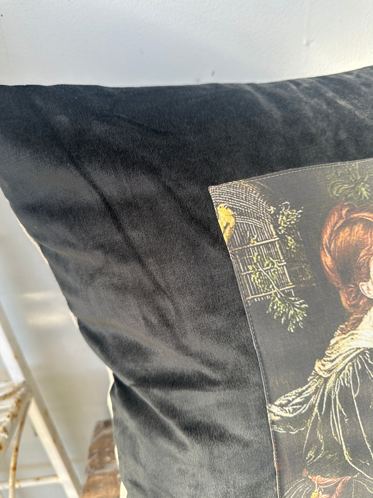 Black pillow with a decorative pattern on a white background Velvet Cushion Midnight Veronica II The Villa Collection