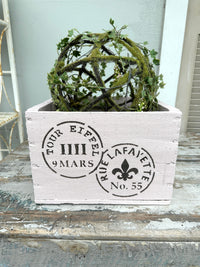 Decorative wooden box with French text and a spherical green plant on a wooden surface.