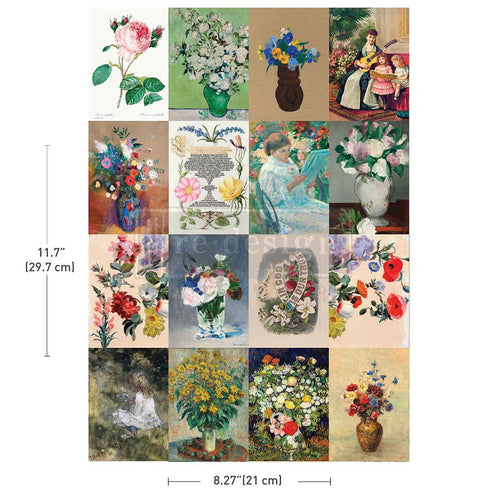 Redesign with Prima transfer A4 Floral Ambiance. Collage of vintage-style floral illustrations with measurements on a white background