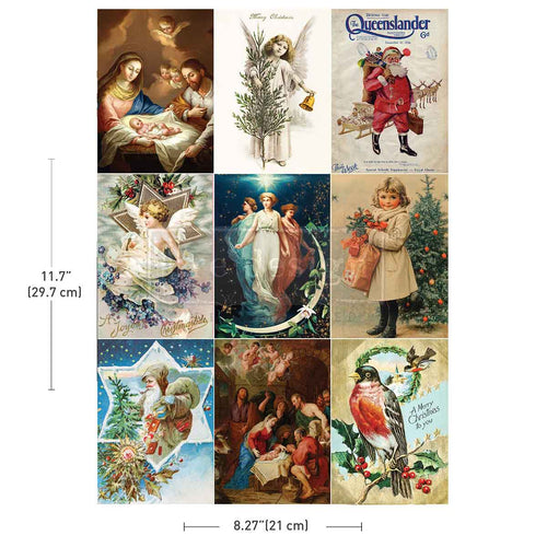 Redesign with Prima transfer A4 Holy Night. Collage of vintage Christmas cards with measurements indicated.