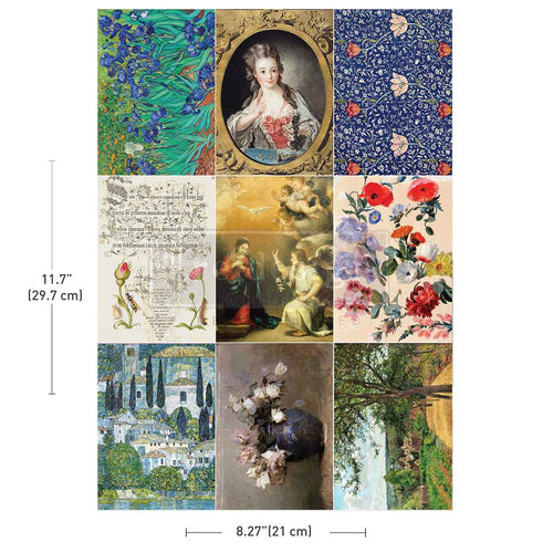 Redesign with Prima transfer A4 The Painted Legacy. Collage of various vintage-style images including floral patterns, portraits, and landscapes with measurements indicated.