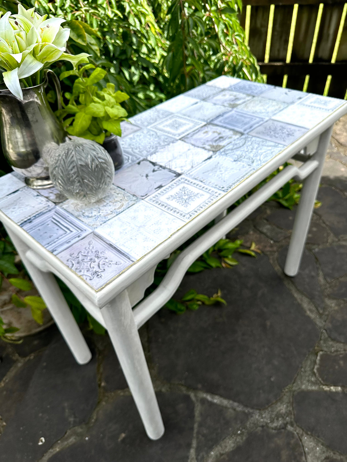 Chunky hall table in white rustic paintwork with tile decoupage top NZ