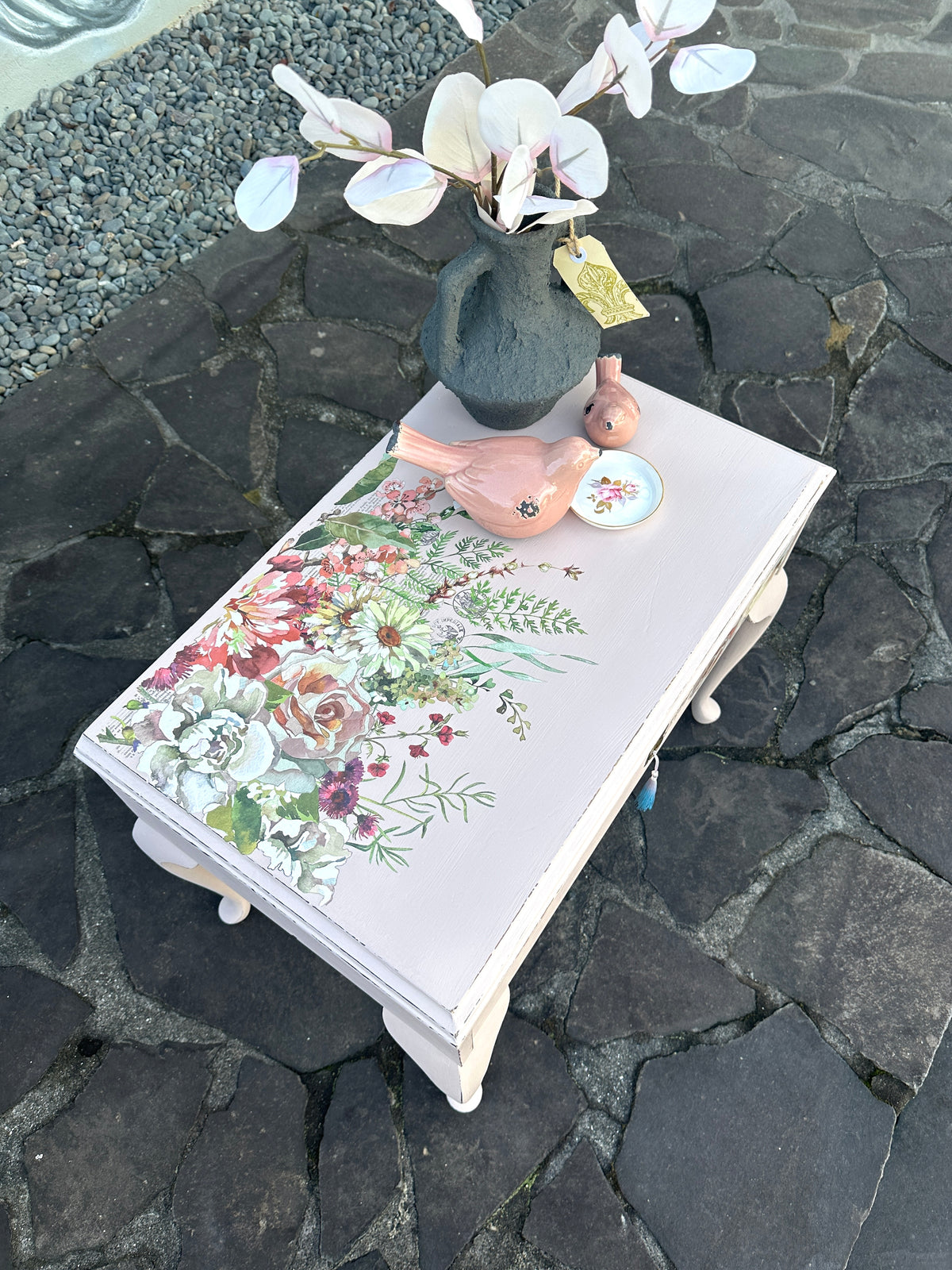 Soft Pink Floral table with handy drawer