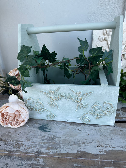 Mint Tote with floral and cherubs front