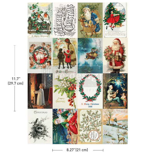 Redesign with Prima transfer A4 Season's Greetings from the Past. Collage of vintage Christmas cards with Santa Claus, wreaths, and winter scenes.