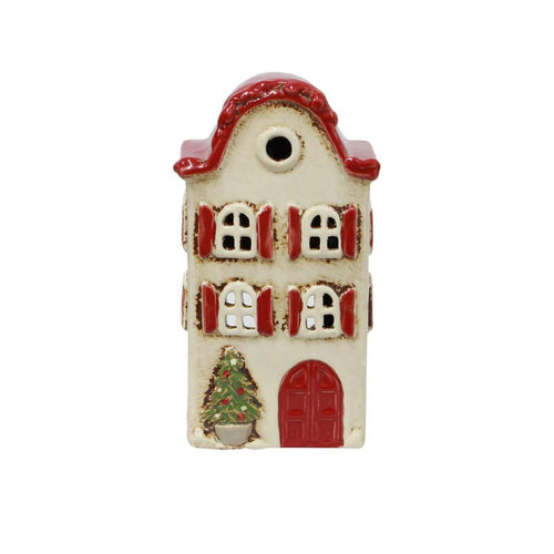 French Country Alsace Tea Light Villa Christmas Stone w Red Shutters