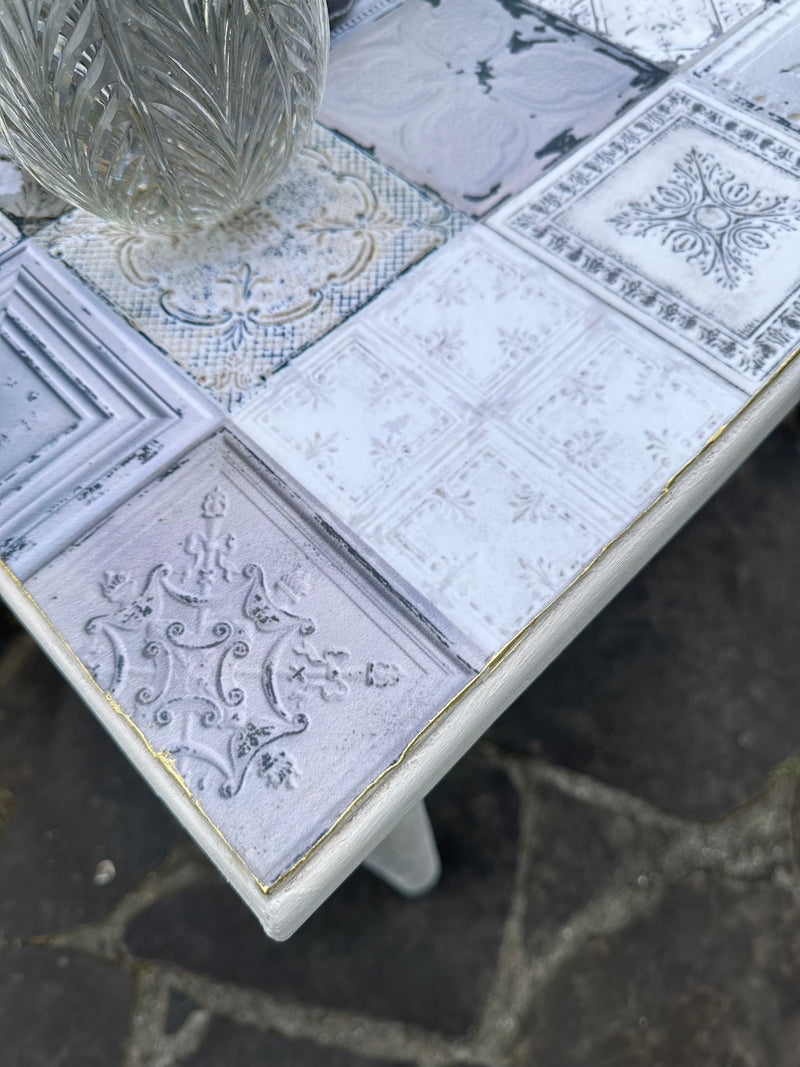 Chunky hall table in white rustic paintwork with tile decoupage top