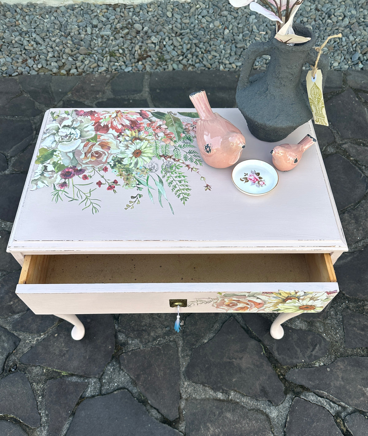 Soft Pink Floral table with handy drawer
