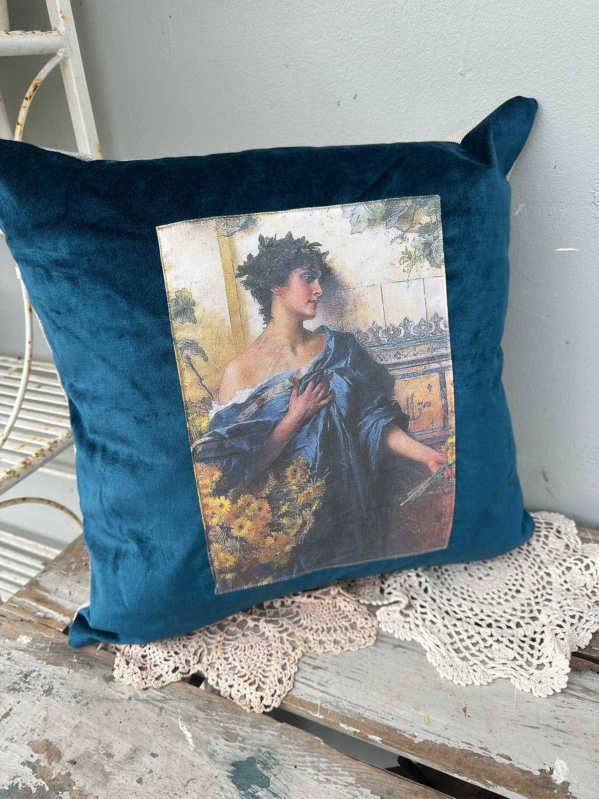 Velvet Cushion Peacock Blue Blue Lady II The Villa Collection