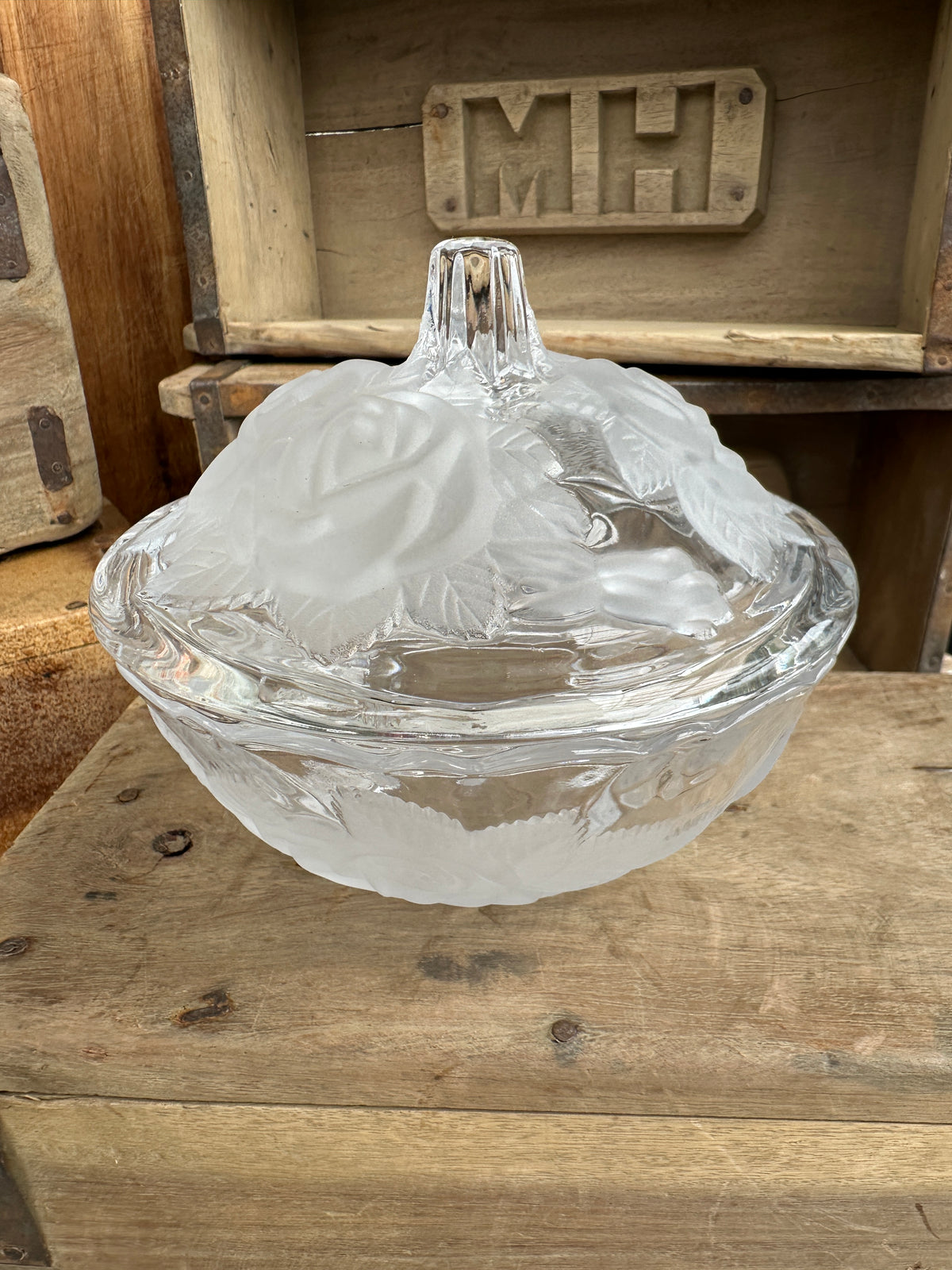Glass lidded rose dish