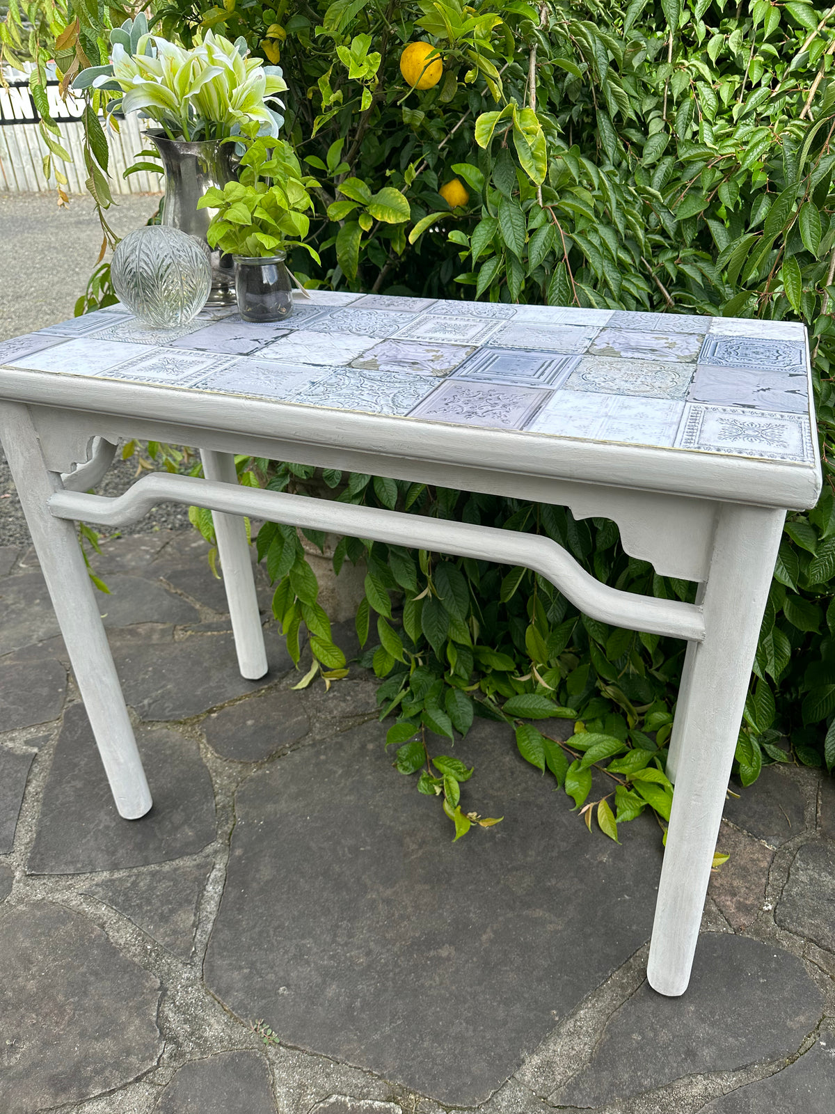 Chunky hall table in white rustic paintwork with tile decoupage top