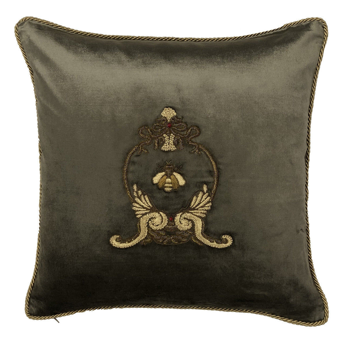 Velvet Cushion Green with Bee French Look incl feather inner CONTACT US FOR COURIER QUOTE