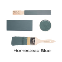 Fusion Homestead Blue paint swatch with a brush and packaging on a white background