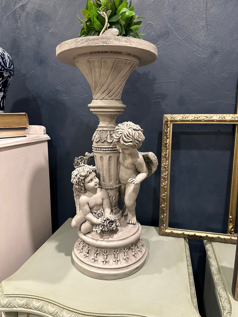 We love finding the unusual and this angelic cherub statue is  signature Paint Me Vintage piece. We attached a flat wood plate to the top to make it usable as a decor riser or plinth in a room. All the wonderful details have been highlighted with carbon black wax over the chalk paint finish. Totally bespoke.  Dimensions 610mm height