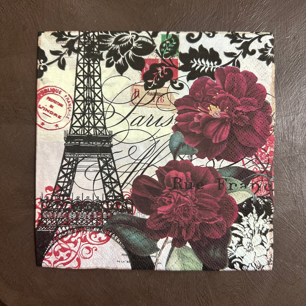 Dark Red roses & Eiffel Tower Paris Napkin for Decoupage