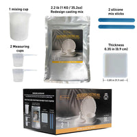 Redesign Casting Mix packaging with components listed on a white background. Redesign Casting Mix KIT to use with Moulds