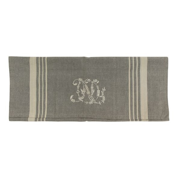 Tea towel Monogram French Country Collections Pale Grey w Natural stripe