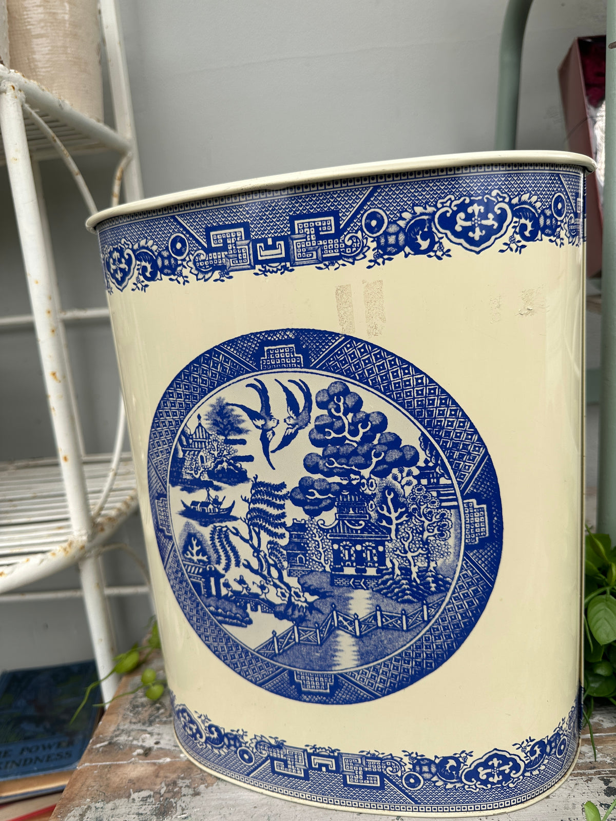 Blue & Cream tin rubbish bin