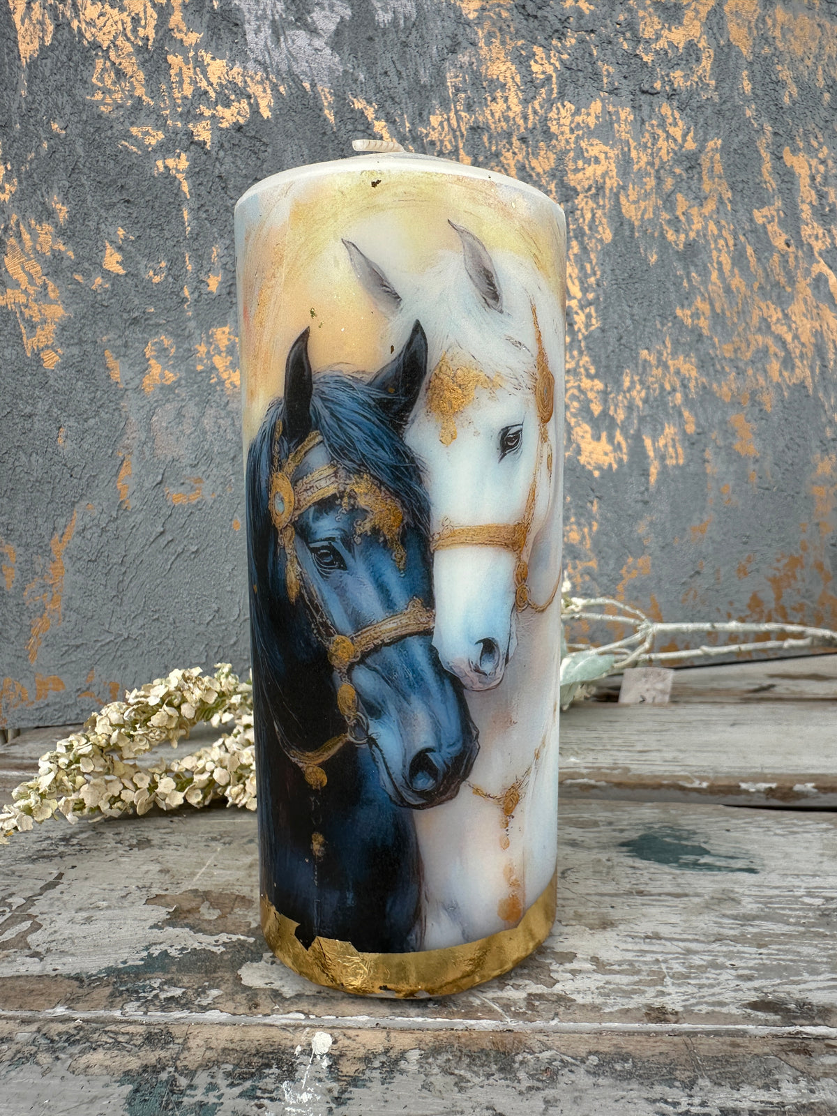 Black & White Horses Candle Tall