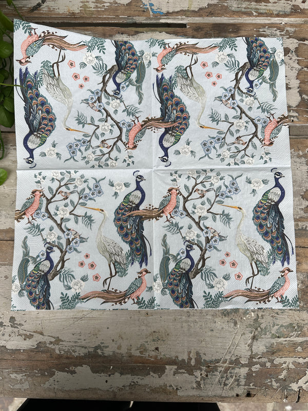 Peacocks & Heron in Garden Blue Napkin for Decoupage