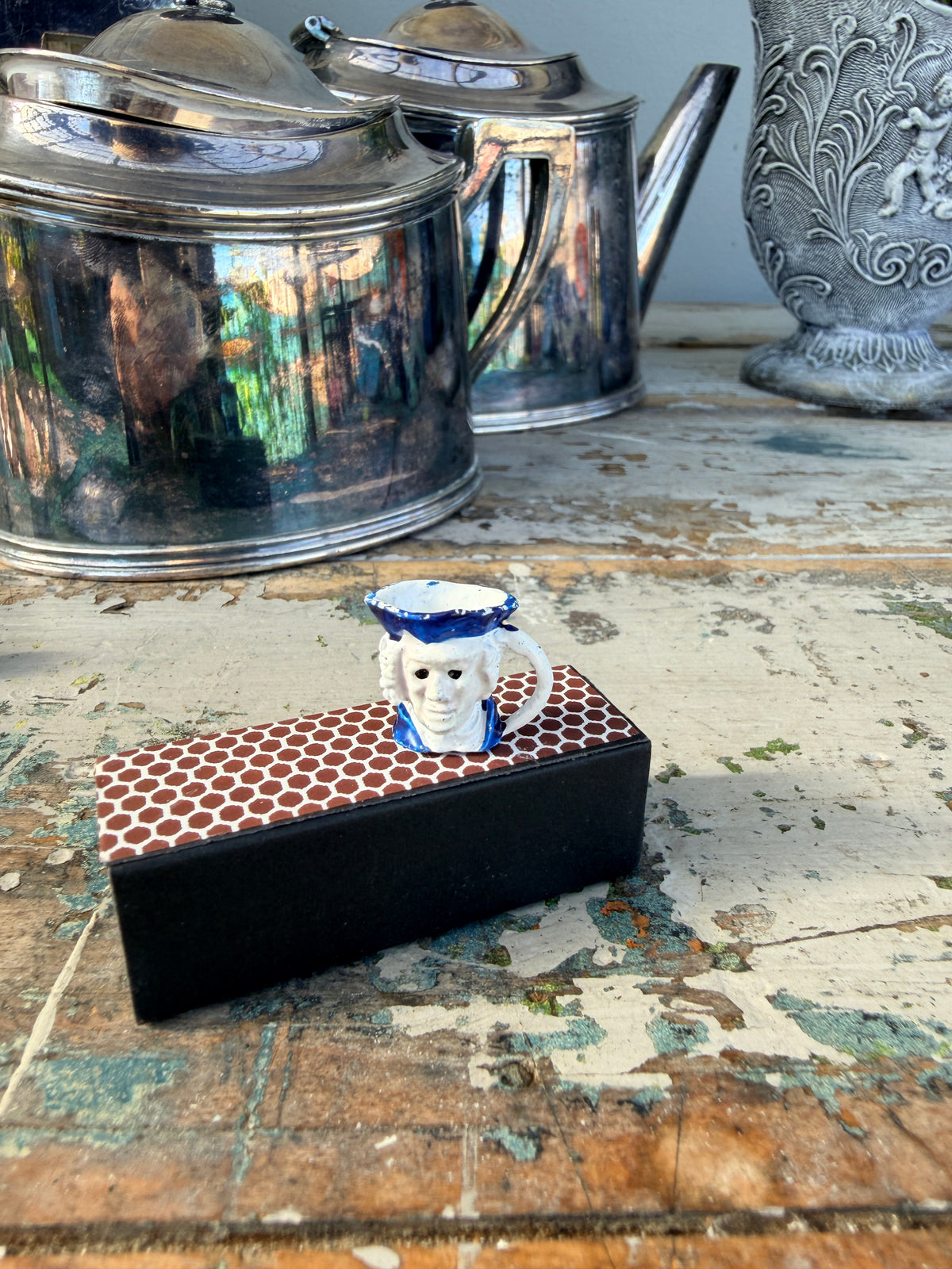 Blue & White metal toby jug mini