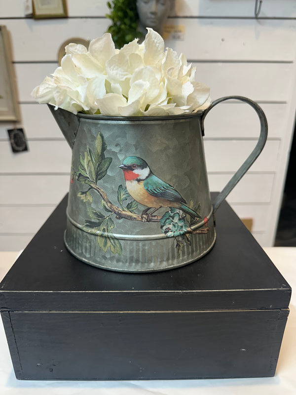 Galvanised mini watering can with bird