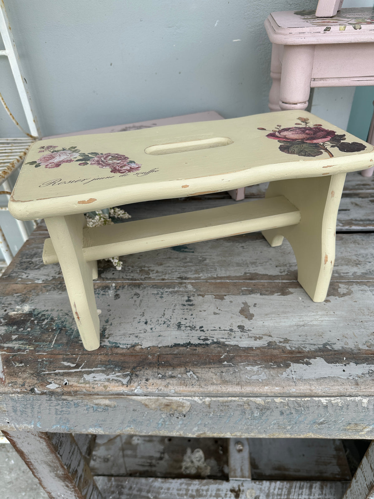 Deep Cream wood riser stool with Florals