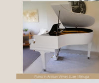 Beluga Velvet Luxe hybrid chalk paint. White grand piano in a room with a clock on the wall