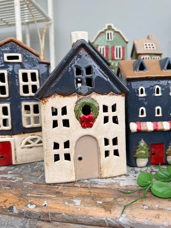 French Country Alsace TeaLight House Christmas Blue with Wreath sml