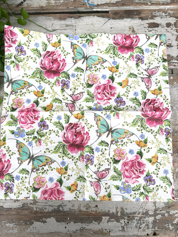 Aqua butterfly and floral Napkin for Decoupage