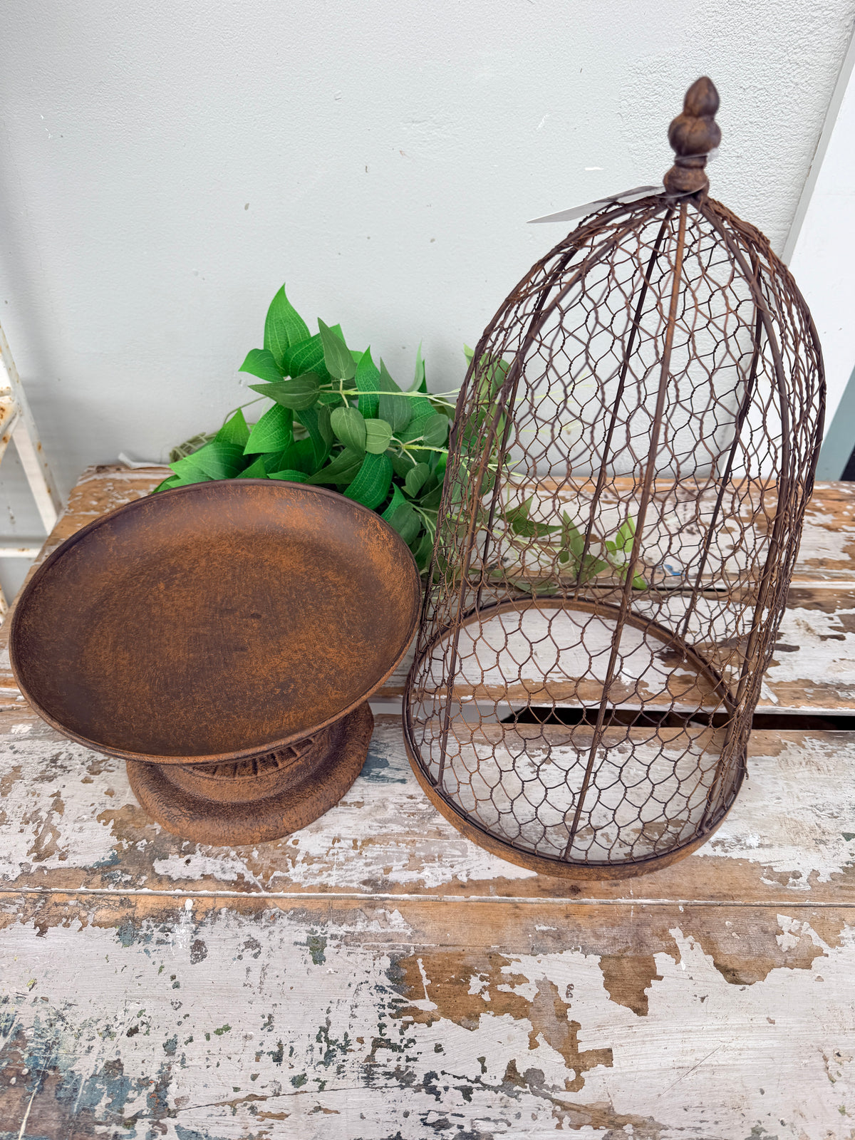 A rustic metal birdcage planter  with the Maison Garden Cloche.