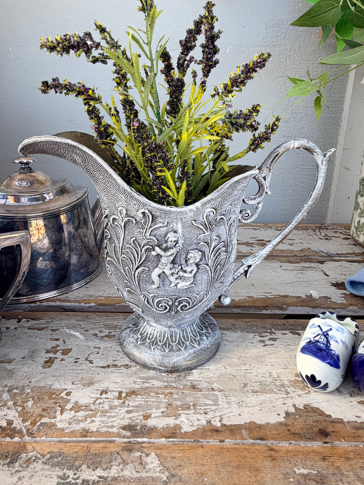 Vintage Metal Jug with Whitewash