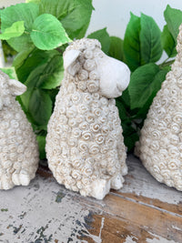 A small decorative sheep figurine with textured curly wool, shown sitting 