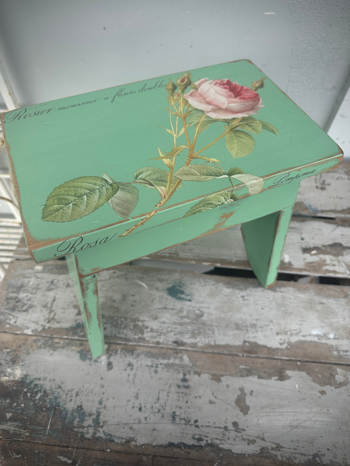 Bright Green wood riser stool with roses 