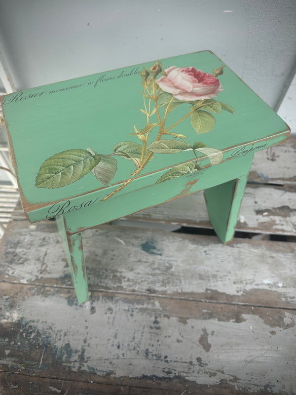 Bright Green wood riser stool with roses 