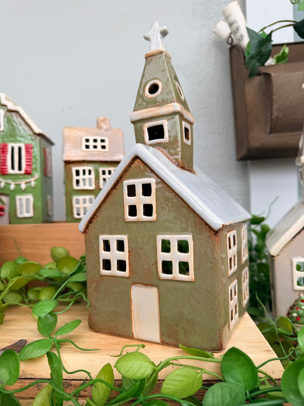 French Country Alsace TeaLight Church Olive Green