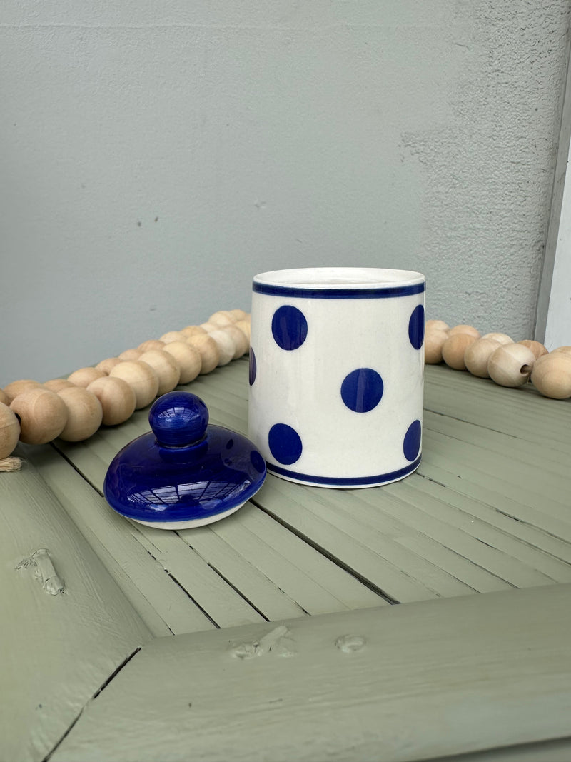 White & blue lidded pot