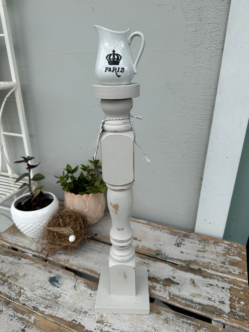 Wooden Candle stick Grey - painted ex the PMV studio