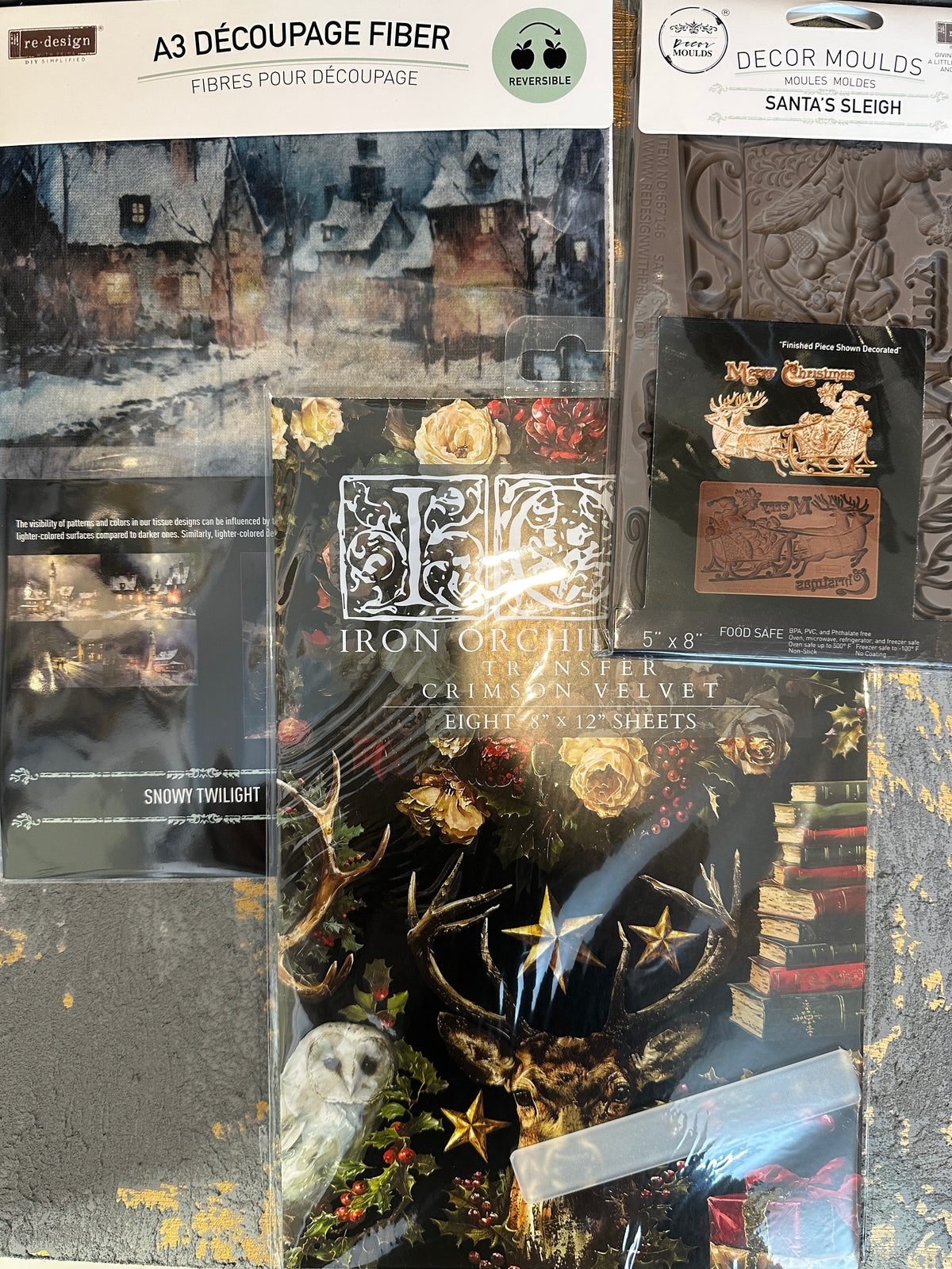 Christmas Bundle * Crim Velvet Transfer + Snow Twilight Paper Pack  + Santa's sleigh Mould