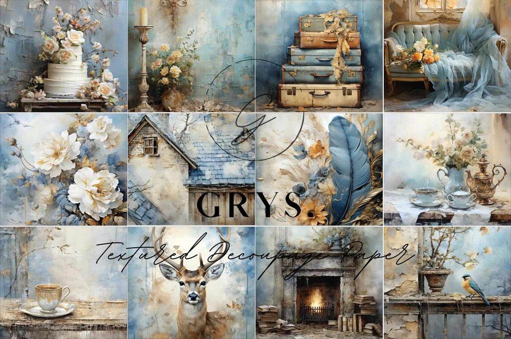 Dozen Set Romantic Pale Blue Paper for Decoupage A1