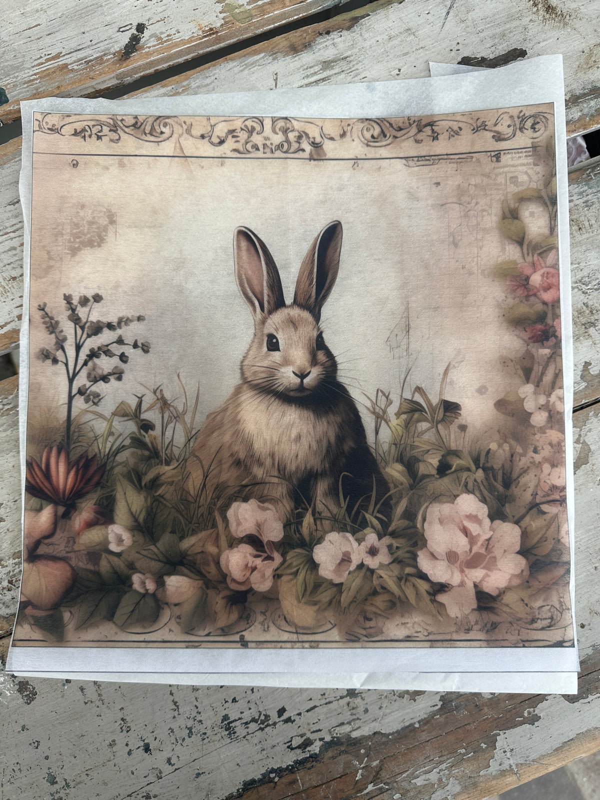 Bunny sitting in Forest with flowers Paper for Decoupage Square