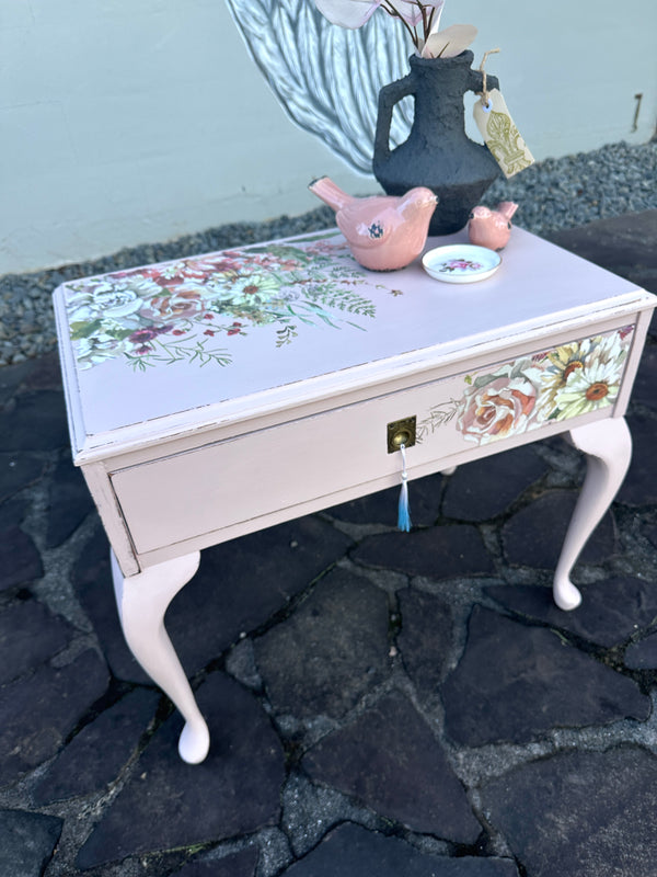 Soft Pink Floral table with handy drawer