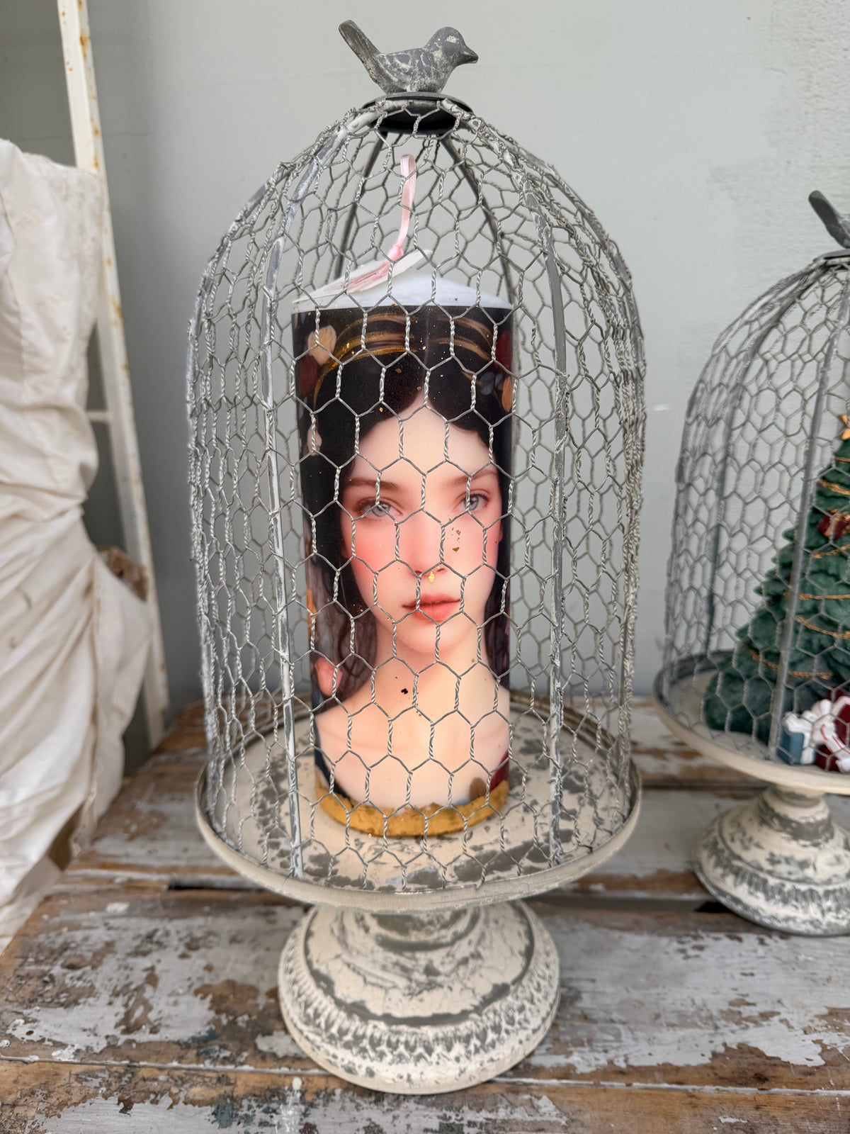 Antique Iron Metal Cloche w Bird